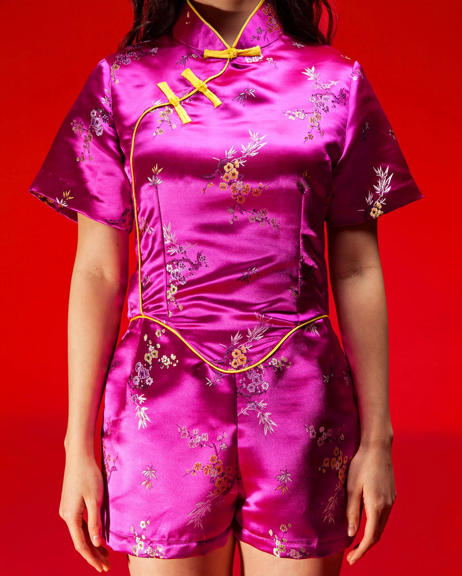 Cheongsam Jumpsuit (Fuchsia Brocade)