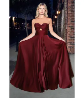 Cinderella Divine  Burgundy Satin Strapless Keyhole Evening Gown