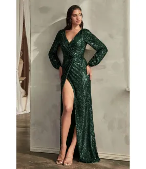 Cinderella Divine Emerald Sequin Long Sleeve Slit Evening Gown