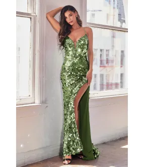 Cinderella Divine  Sage Pailllette Sequin Sheath Evening Gown