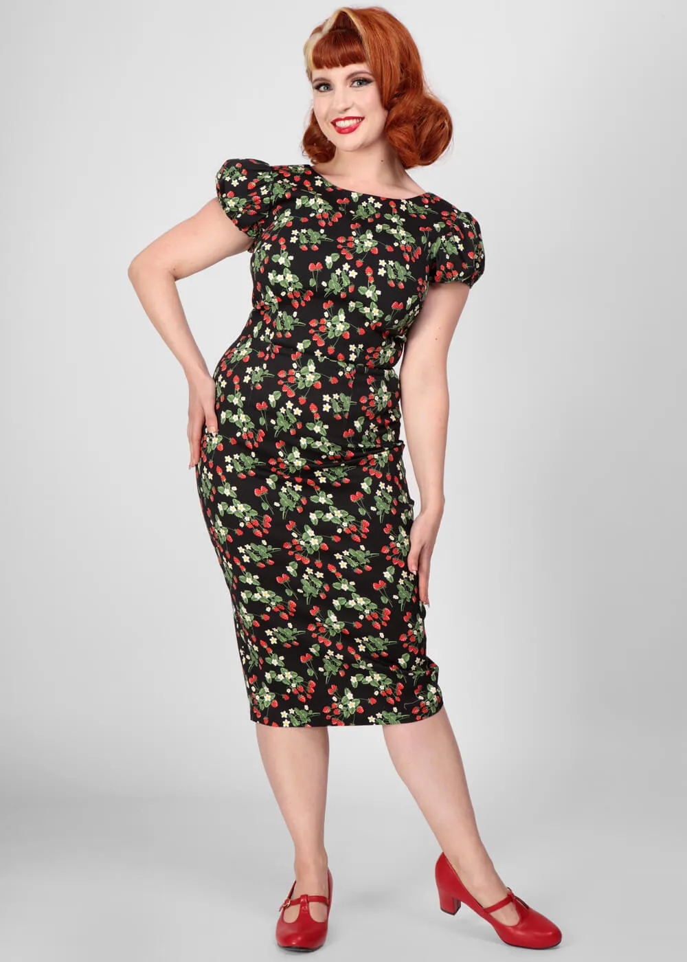 Collectif Demira Wild Strawberries 50's Pencil Dress Black