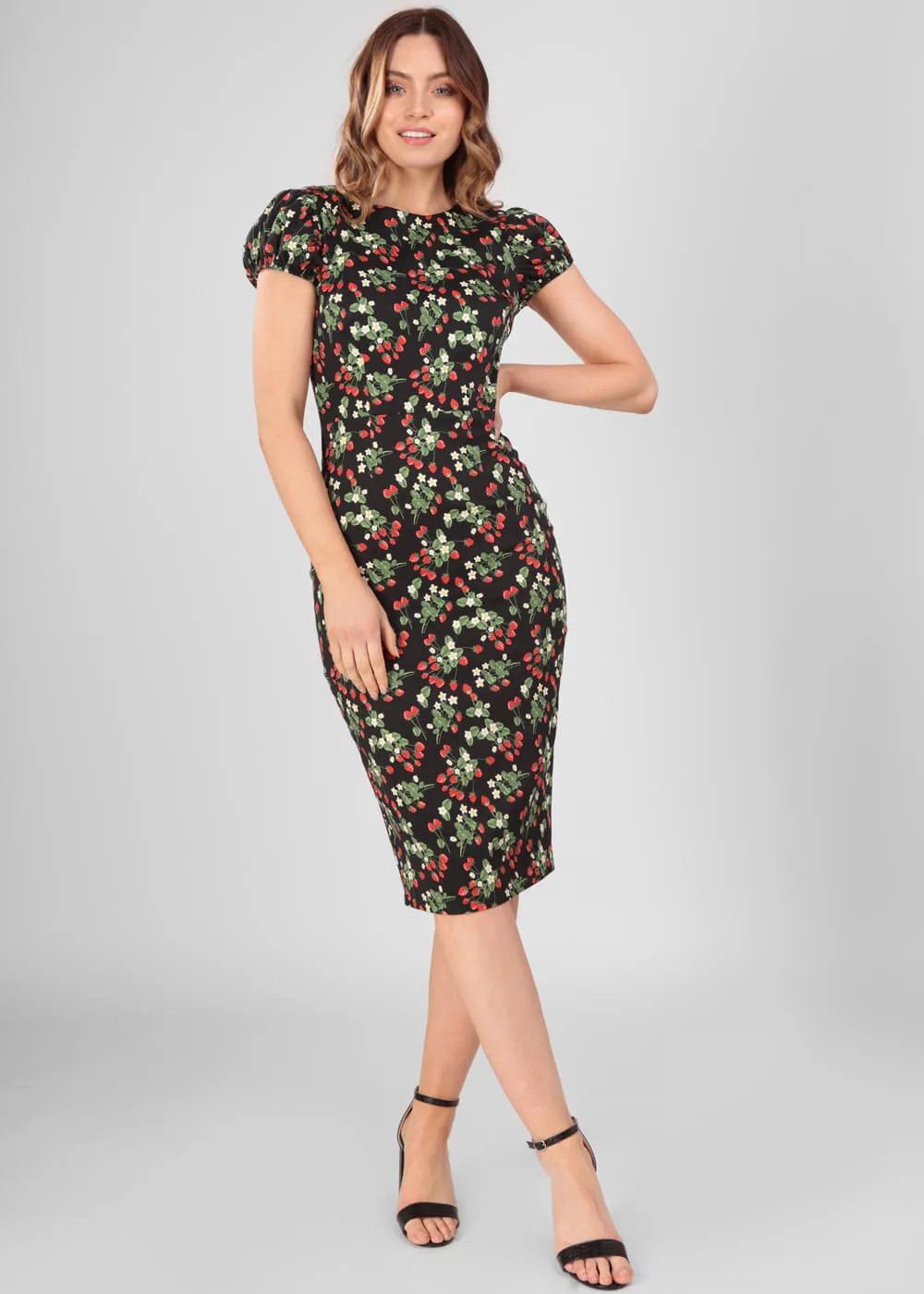 Collectif Demira Wild Strawberries 50's Pencil Dress Black