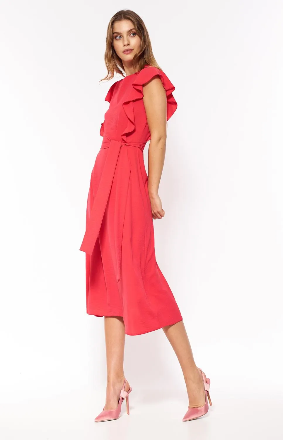 Coral ruffled cocktail dress