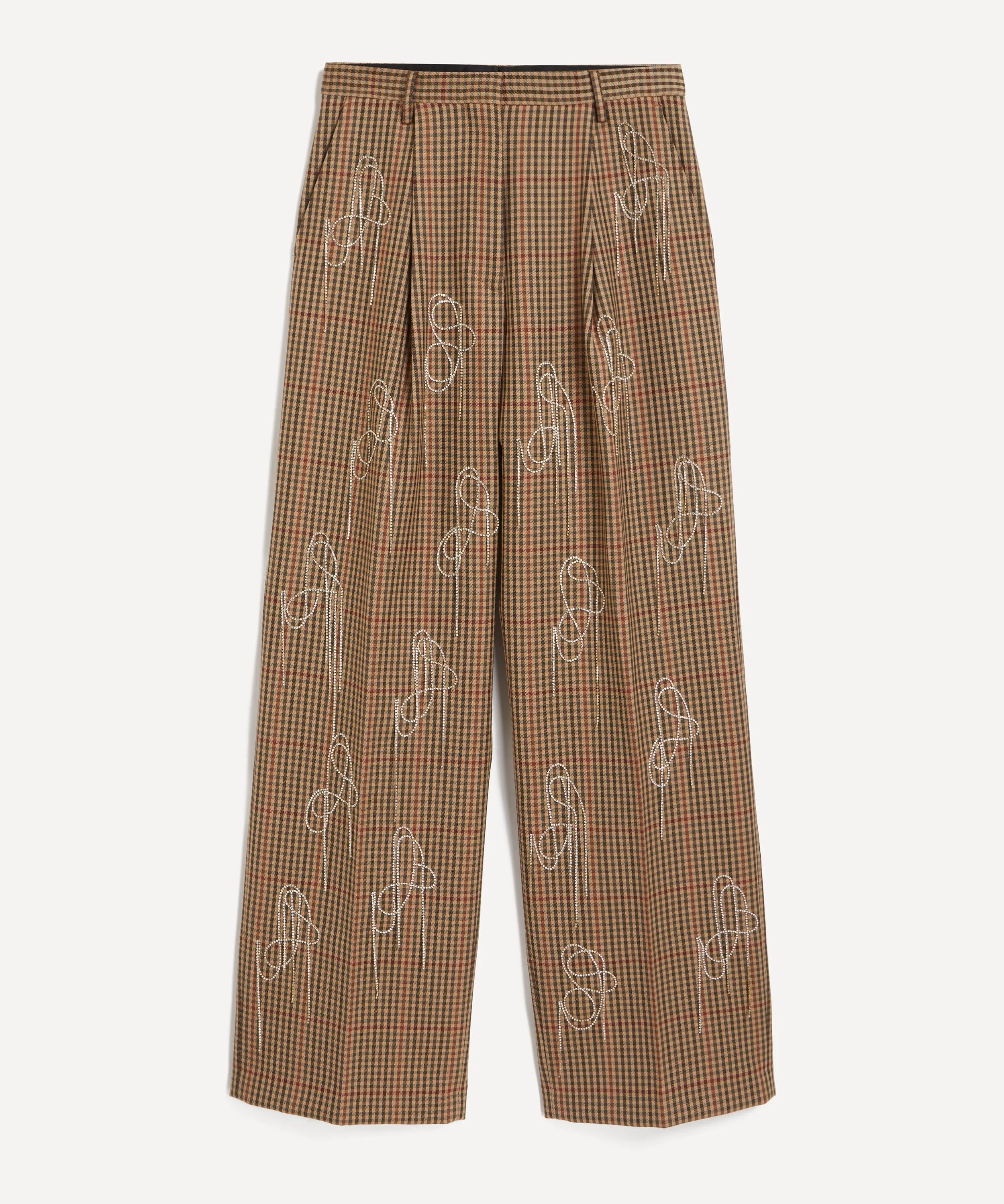 Crystal-Embellished Checked Wool Wide-Leg Trousers