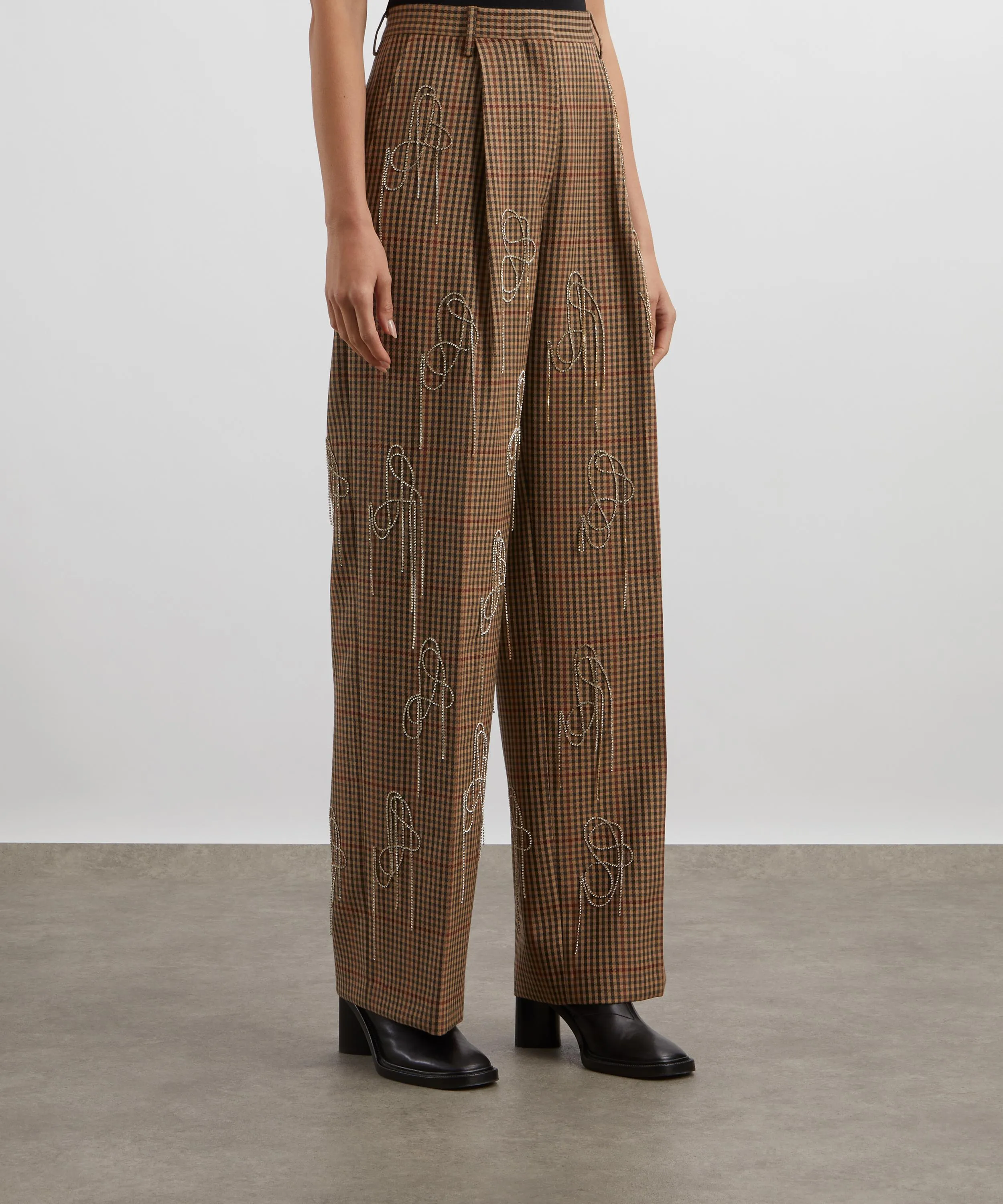 Crystal-Embellished Checked Wool Wide-Leg Trousers