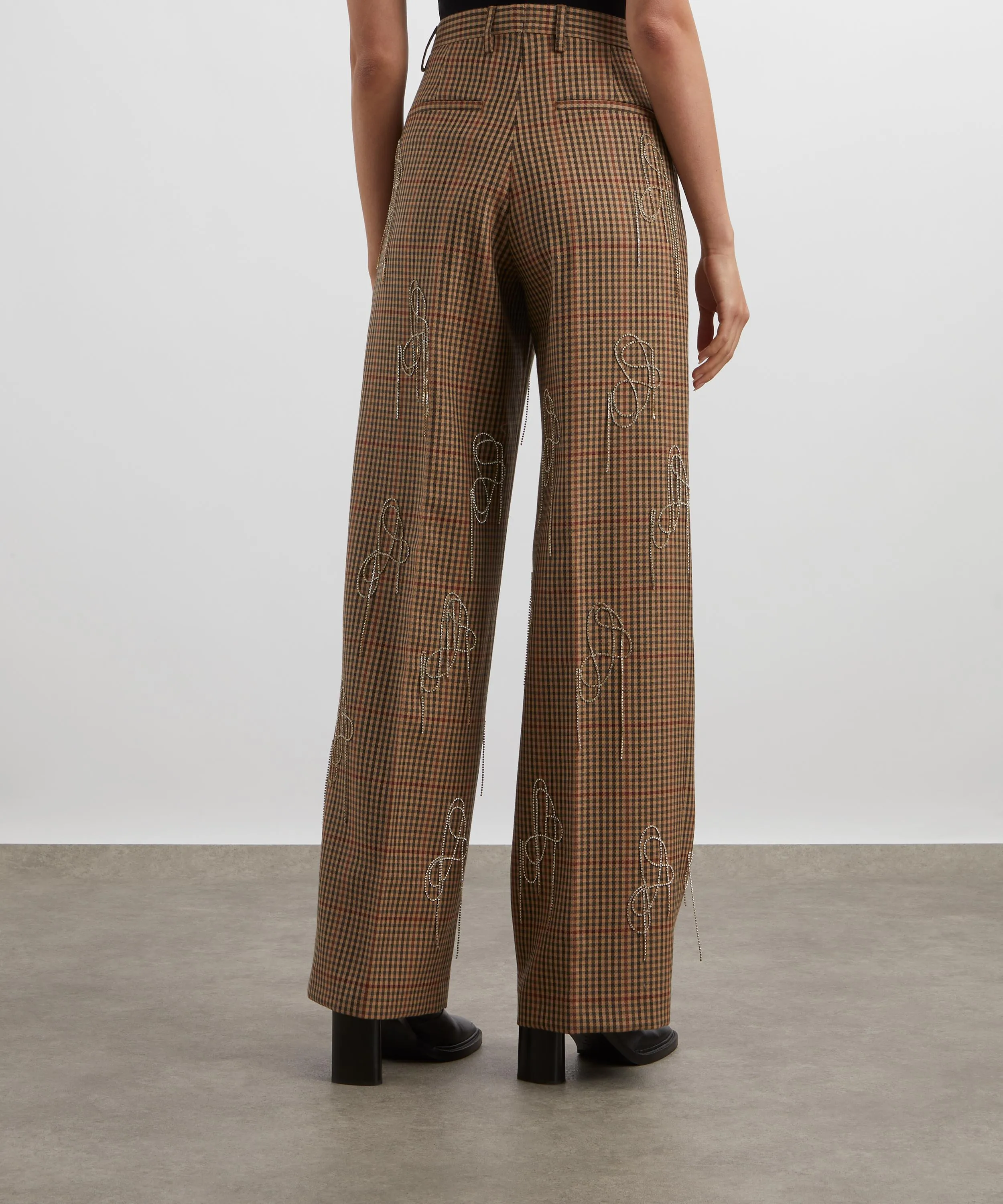 Crystal-Embellished Checked Wool Wide-Leg Trousers