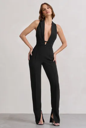 Darcy | Black Plunge Neck Tailored Jumpsuit With Tie Detail