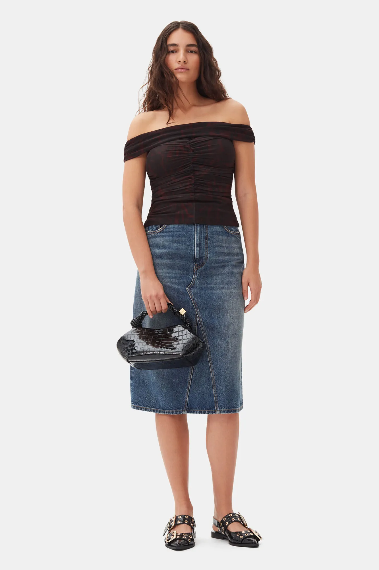 Dark Blue Heavy Washed Denim Midi Skirt