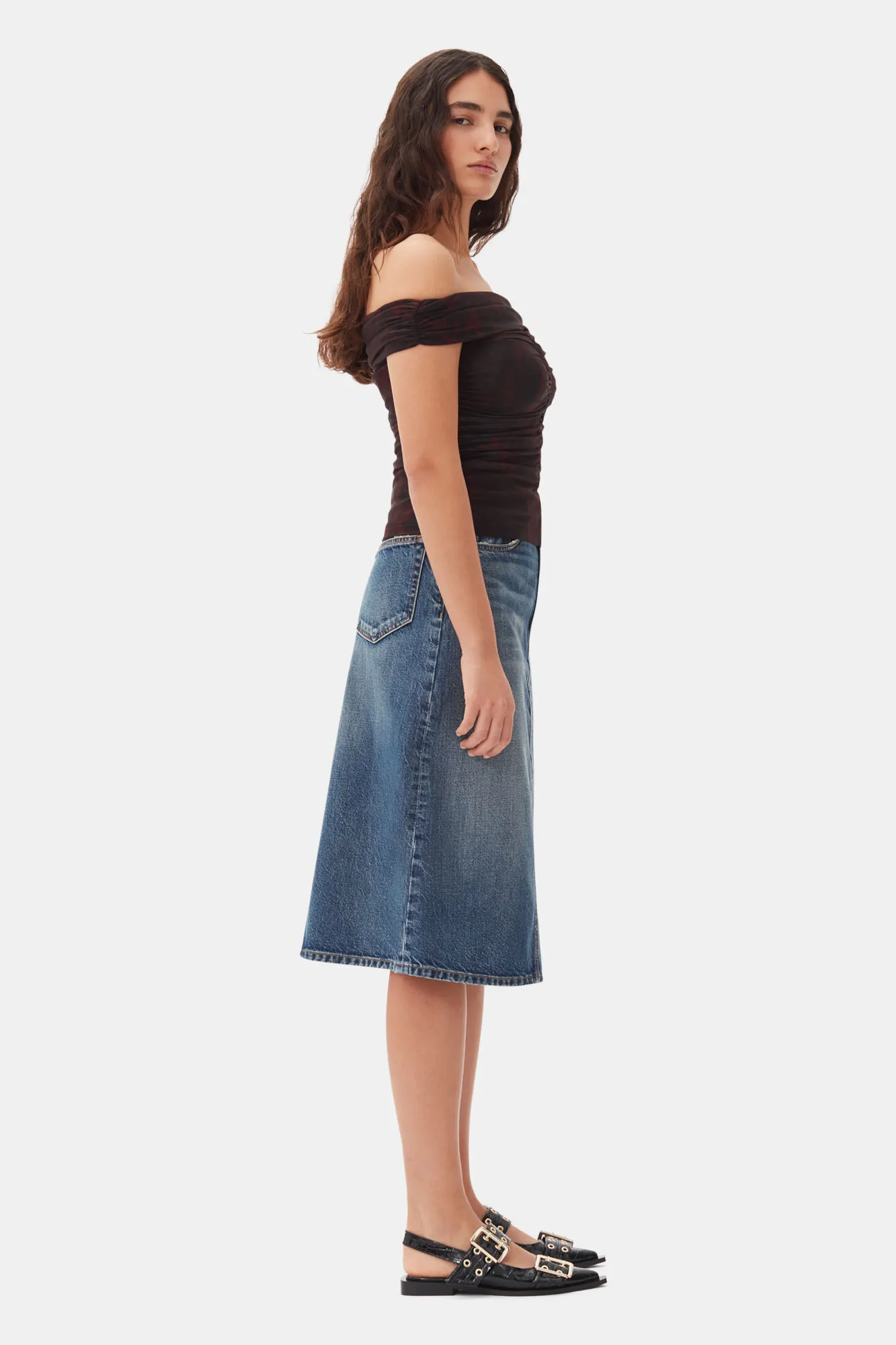 Dark Blue Heavy Washed Denim Midi Skirt