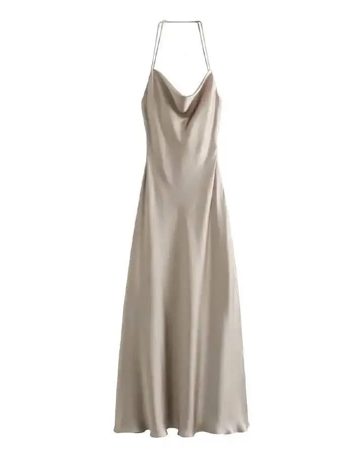 Draped Long Backless Satin Dress