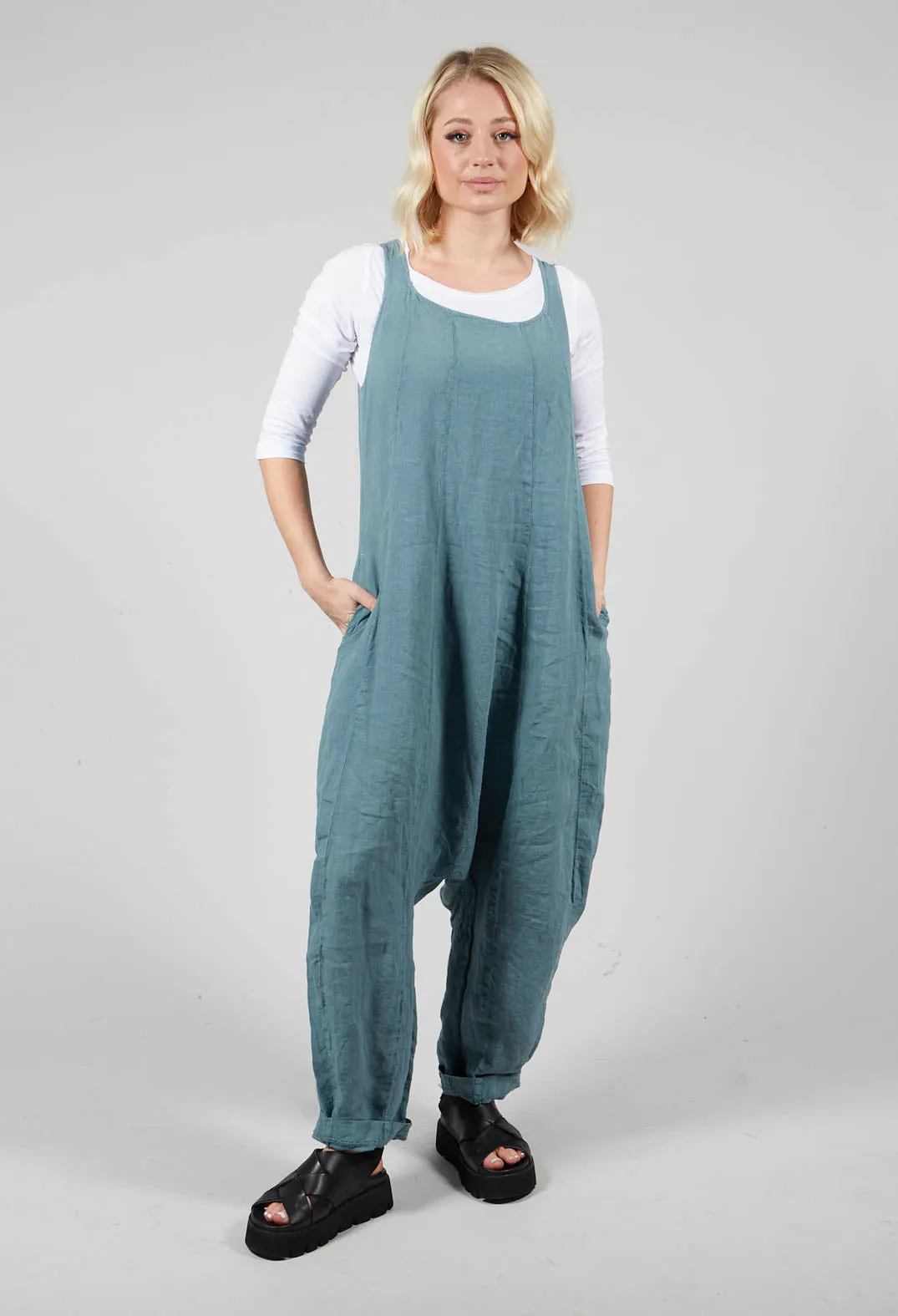 Drop Crotch Linen Jumpsuit in Water