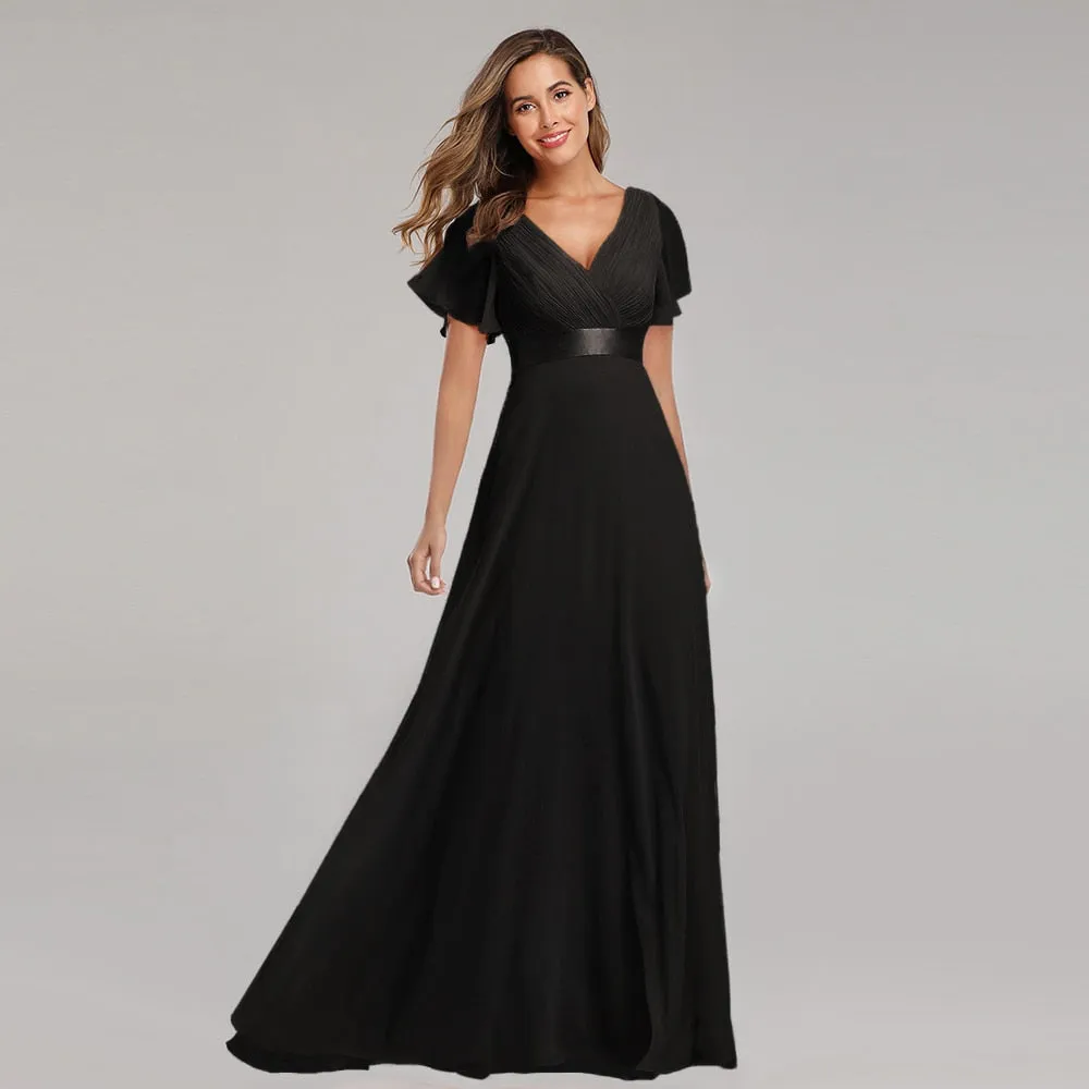 Elegant V-Neck Ruffles Chiffon Formal Evening Gown Robe Vestidos De fiesta Dress for Wedding Party