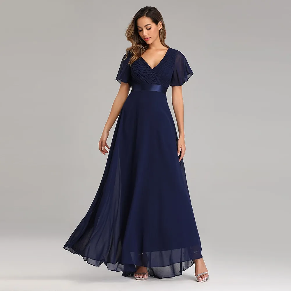 Elegant V-Neck Ruffles Chiffon Formal Evening Gown Robe Vestidos De fiesta Dress for Wedding Party