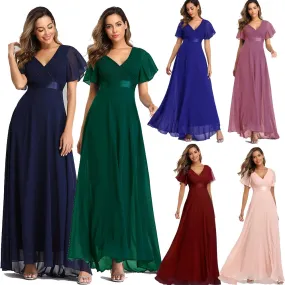 Elegant V-Neck Ruffles Chiffon Formal Evening Gown Robe Vestidos De fiesta Dress for Wedding Party