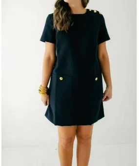 English Factory Gold Button Pointed Mini Dress In Navy