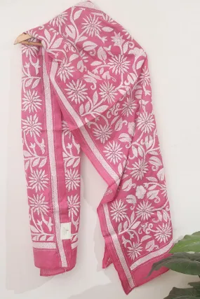 Exquisite Pink Kantha Silk Stole: Hand-Embroidered Elegance