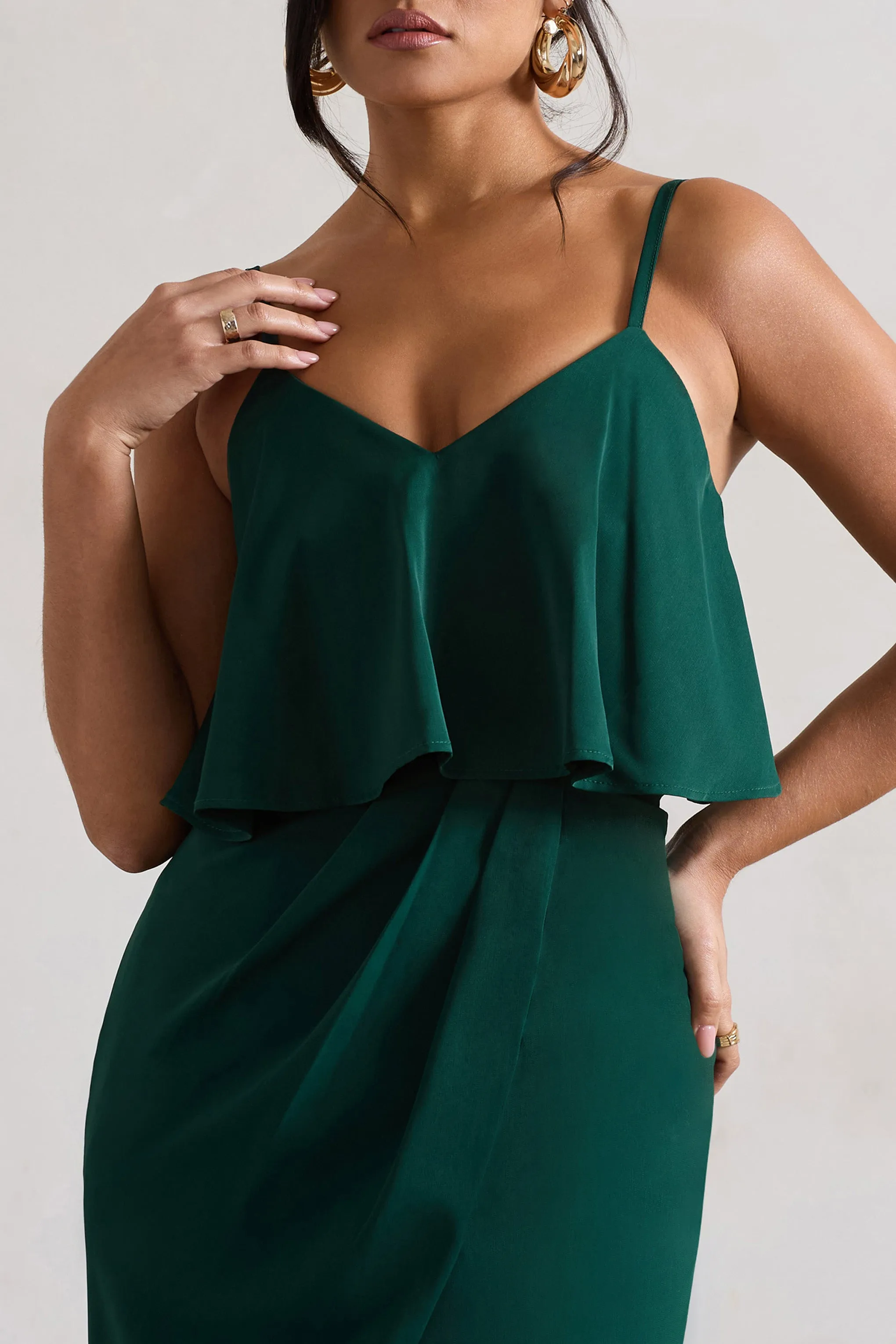 Faro | Bottle Green Strappy Draped-Neck Wrap Midi Dress