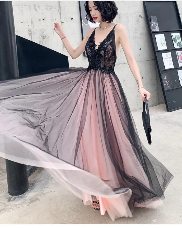 Fashionable Pink and Black Tulle V-neckline Party Dress, Pink Lace Applique Evening Gown