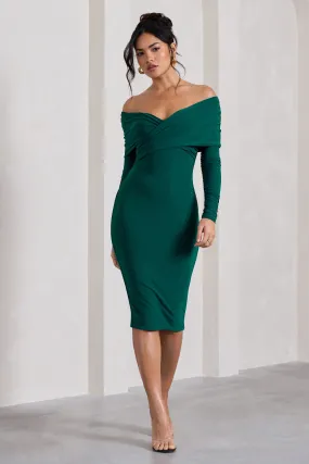 Flatter Me | Bottle Green Twist Front Bardot Midi Dress