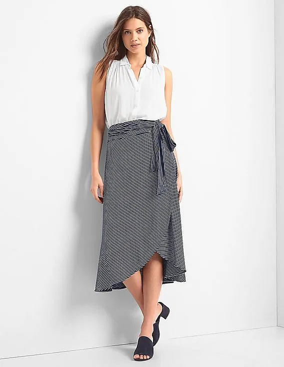 GAP Women Blue Stripe Wrap Midi Skirt