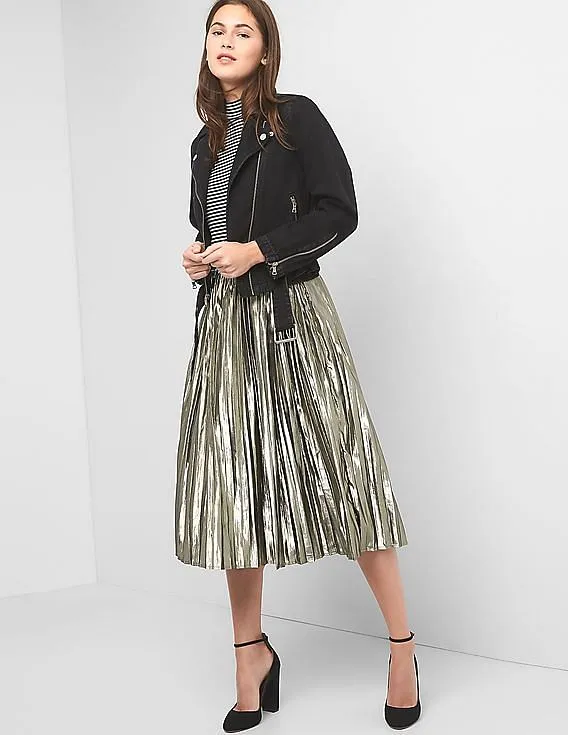 GAP Women Gold Metallic Midi Skirt