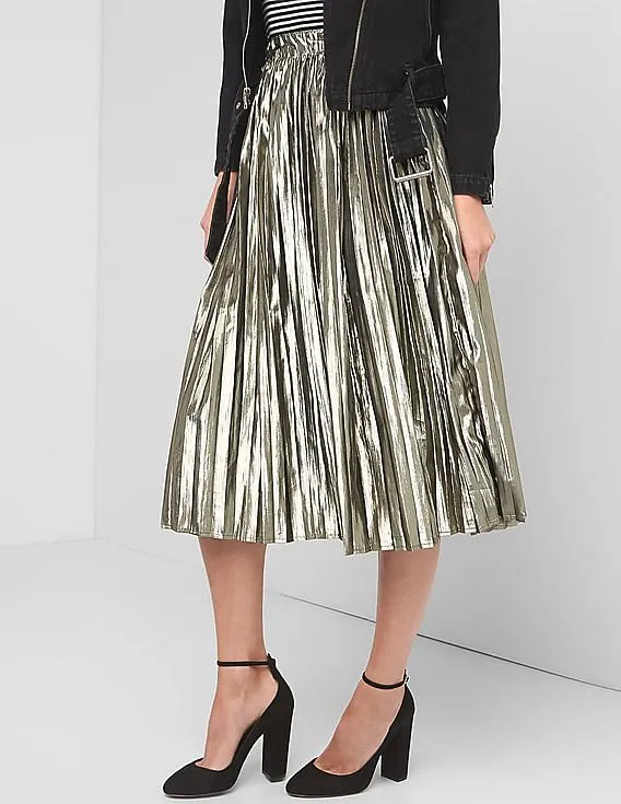 GAP Women Gold Metallic Midi Skirt