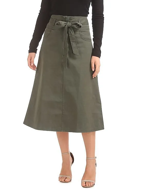 GAP Women Green Paperbag Waist Utility Midi Skirt With Tie Belt