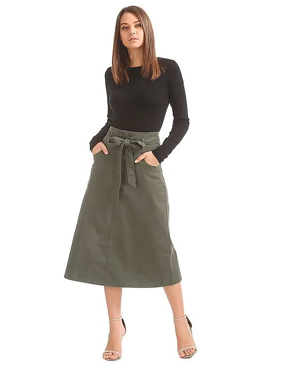 GAP Women Green Paperbag Waist Utility Midi Skirt With Tie Belt