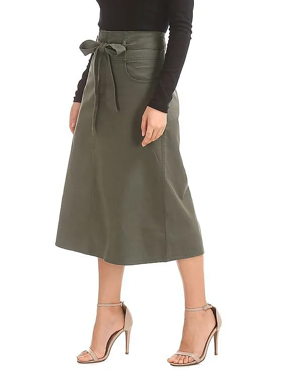 GAP Women Green Paperbag Waist Utility Midi Skirt With Tie Belt