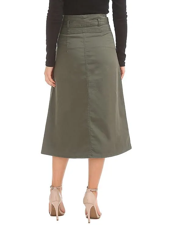 GAP Women Green Paperbag Waist Utility Midi Skirt With Tie Belt