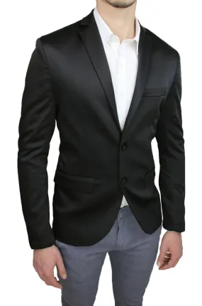 GIACCA UOMO IN TESSUTO RASO NERO LUCIDO SLIM FIT BLAZER SARTORIALE ELEGANTE