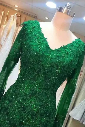 Green Beaded Lace Bride Mother's Evening Gown Long Sleeve