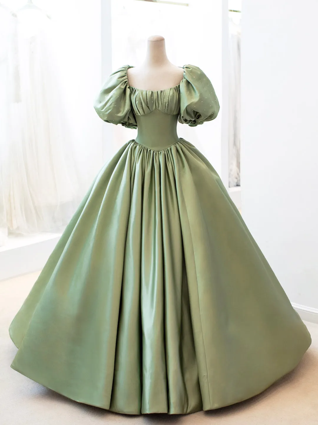 Green Satin Formal Evening Gown with  Puff Sleeve, A-Line Long Prom Dress