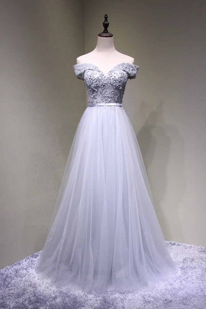 Grey Off Shoulder Elegant Tulle Lace-up Evening Gown, Grey Formal Dress