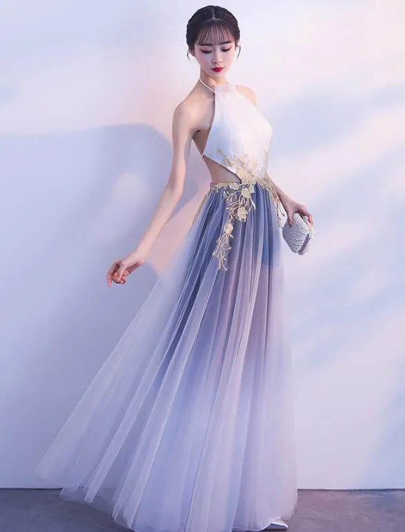 Halter Tulle Gradient Long Evening Gown with Lace Applique, Charming Formal Dress