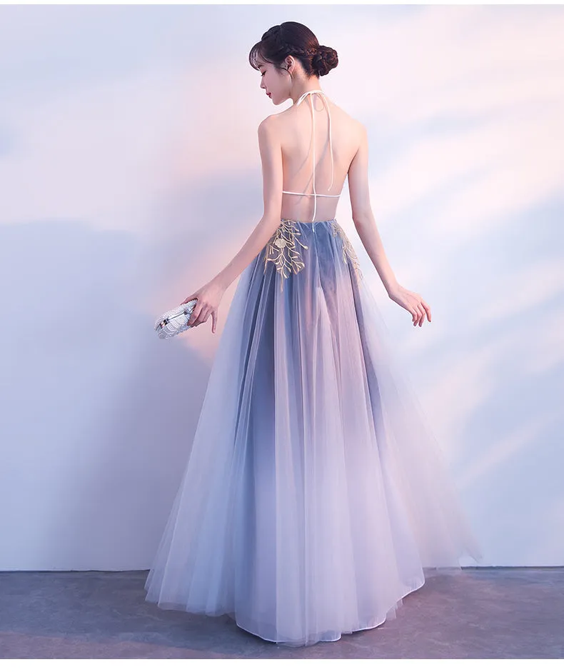 Halter Tulle Gradient Long Evening Gown with Lace Applique, Charming Formal Dress