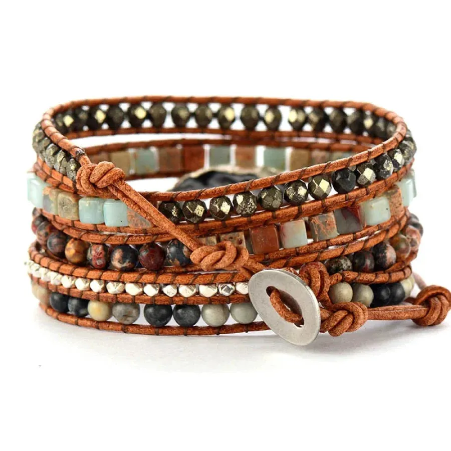 Handmade Jasper & Agate Druzy Leather Wrap Bracelet