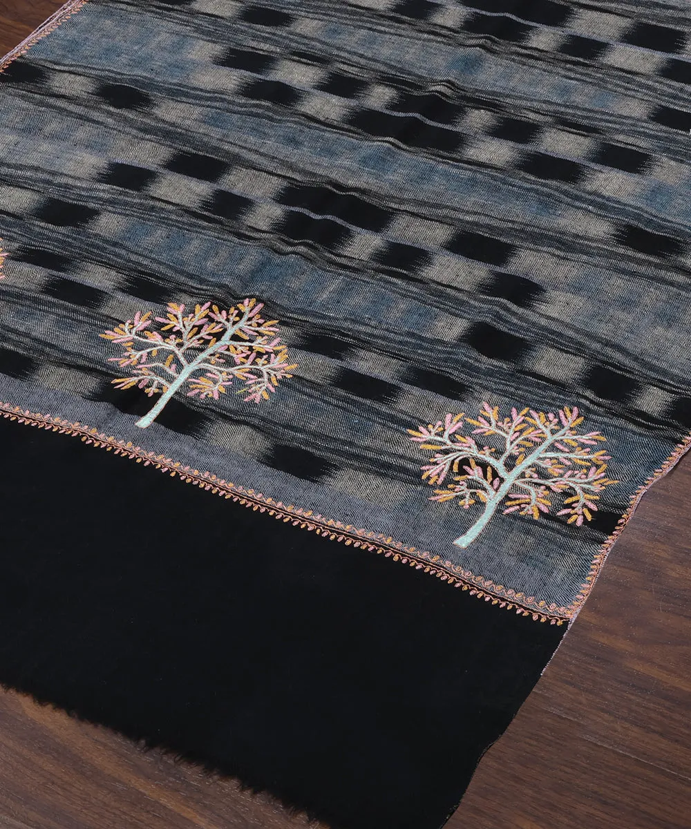 Handwoven Black Pure Pashmina Stole With Ikat Design