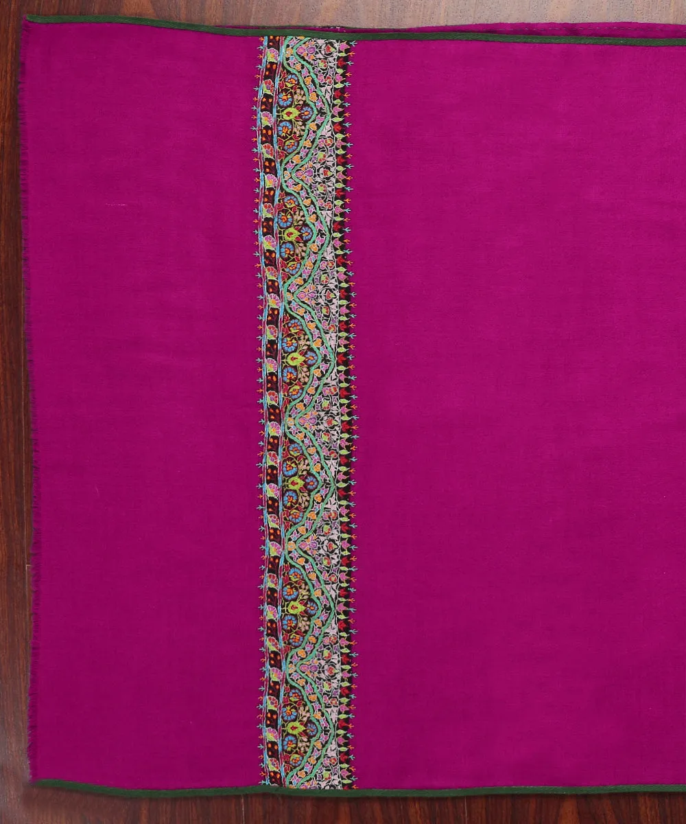 Handwoven Pink Pure Pashmina Stole With Hand Appliqued Multicolor Kashidakari Border