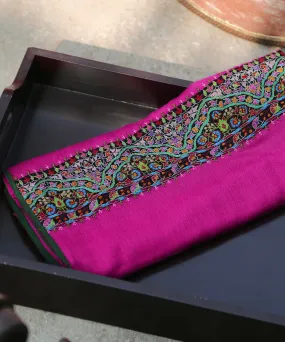 Handwoven Pink Pure Pashmina Stole With Hand Appliqued Multicolor Kashidakari Border