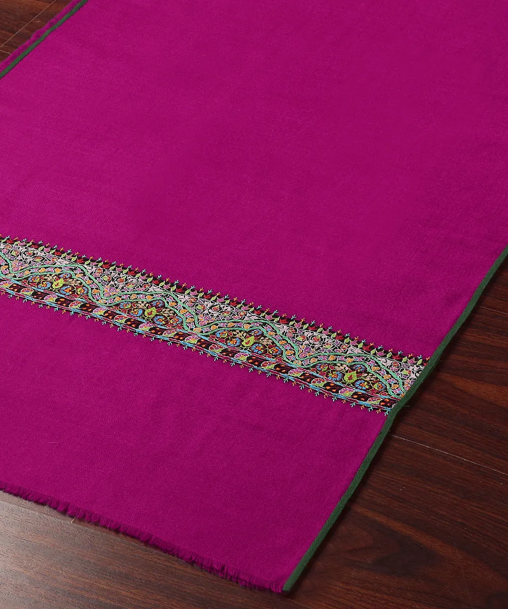 Handwoven Pink Pure Pashmina Stole With Hand Appliqued Multicolor Kashidakari Border