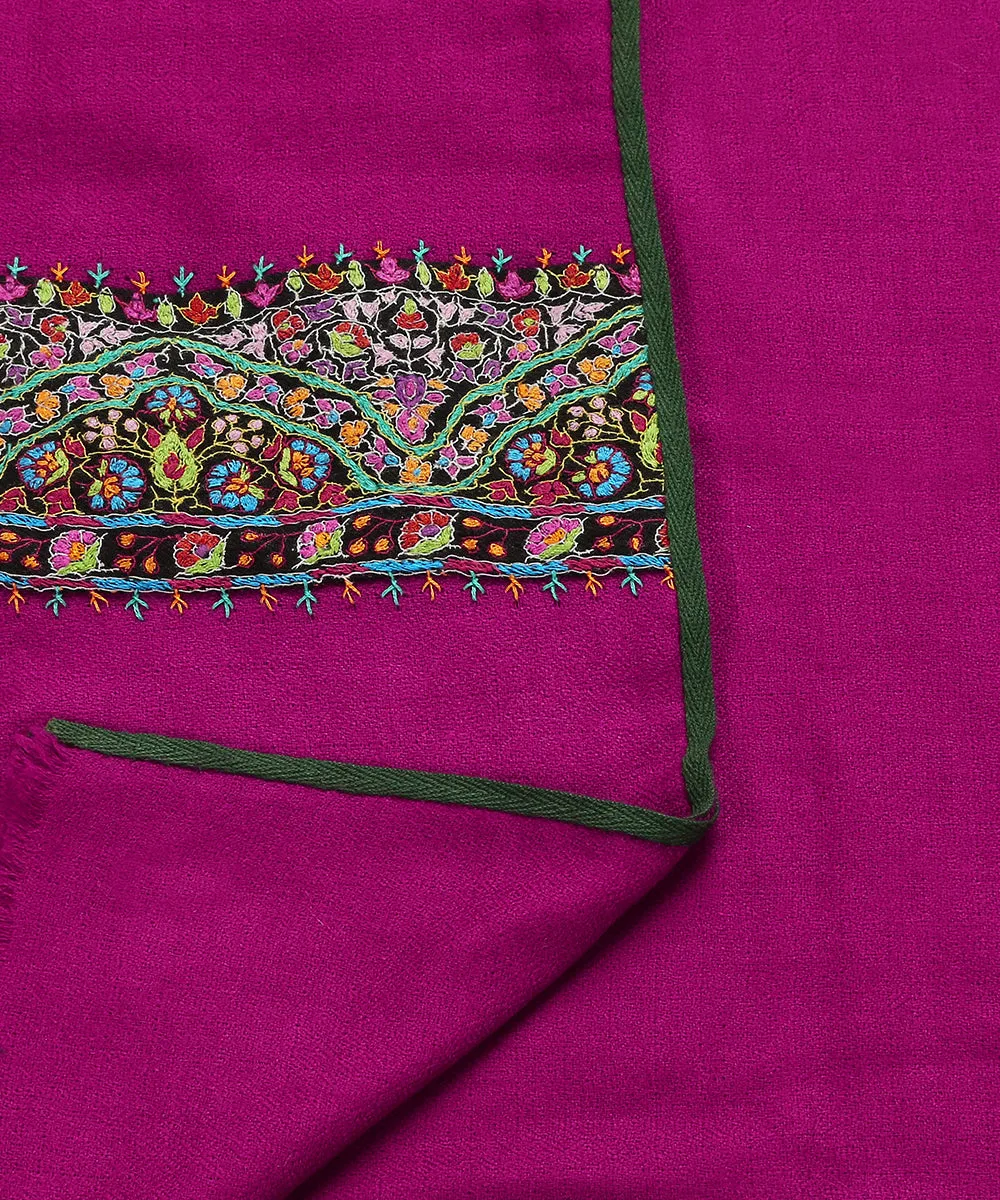 Handwoven Pink Pure Pashmina Stole With Hand Appliqued Multicolor Kashidakari Border