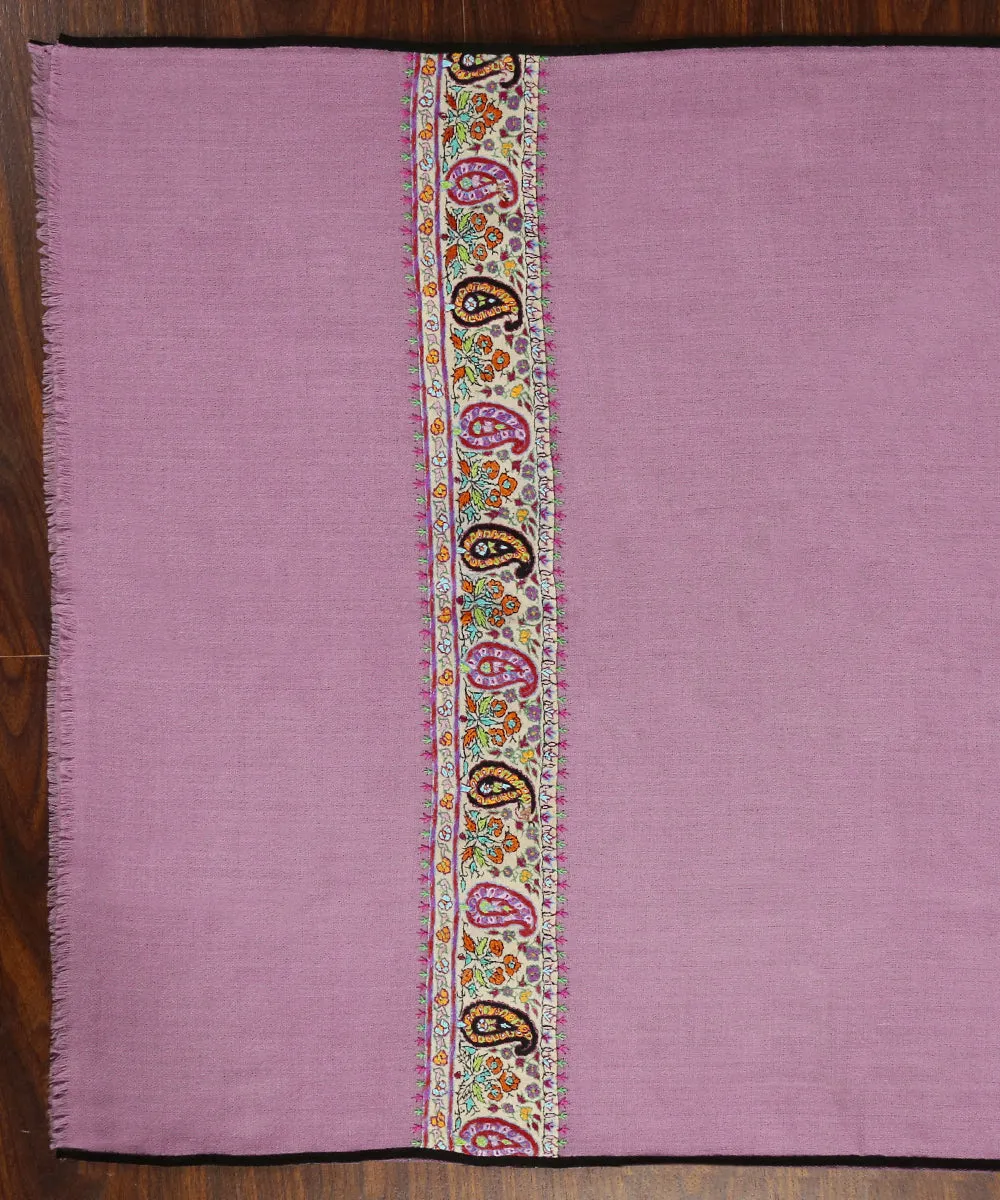 Handwoven Purple Pure Pashmina Stole With Hand Appliqued Kashidakari Border