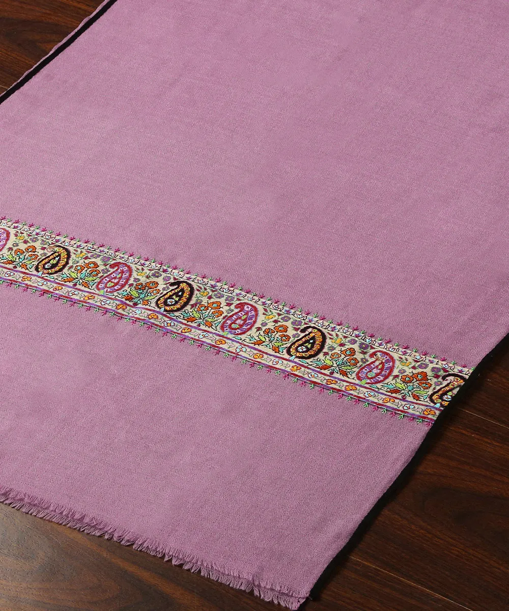 Handwoven Purple Pure Pashmina Stole With Hand Appliqued Kashidakari Border