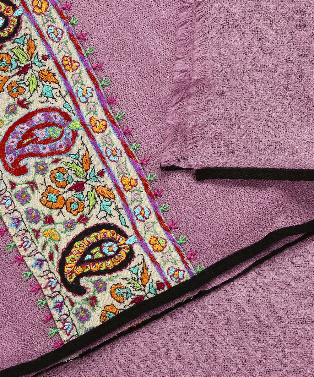 Handwoven Purple Pure Pashmina Stole With Hand Appliqued Kashidakari Border