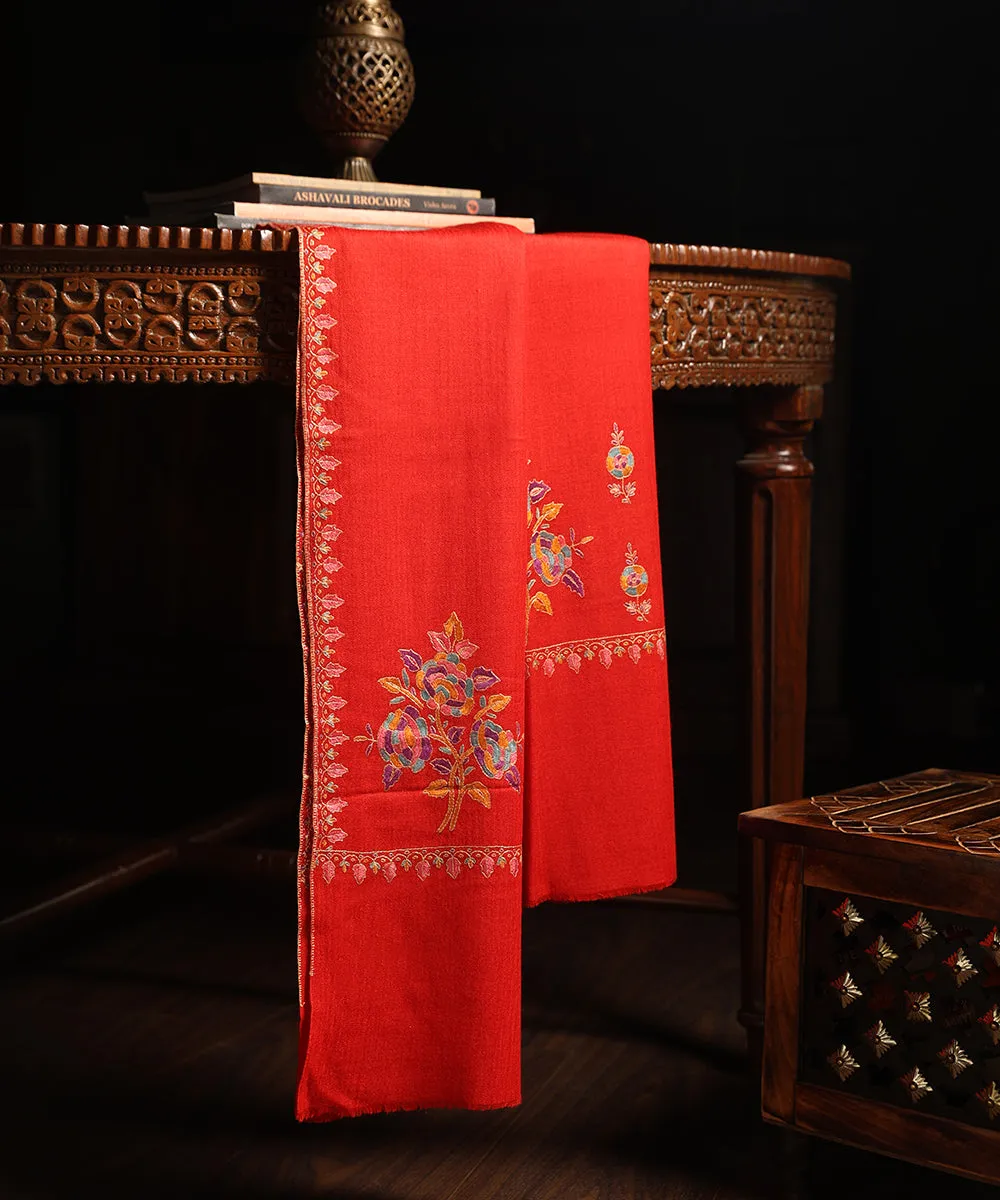 Handwoven Red Pure Pashmina Stole With Kalamkari And Soznikari