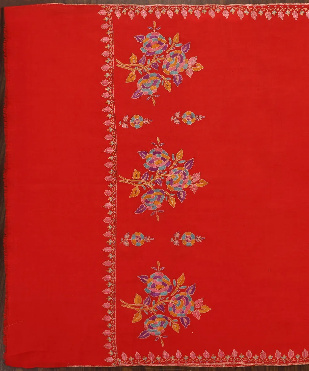 Handwoven Red Pure Pashmina Stole With Kalamkari And Soznikari