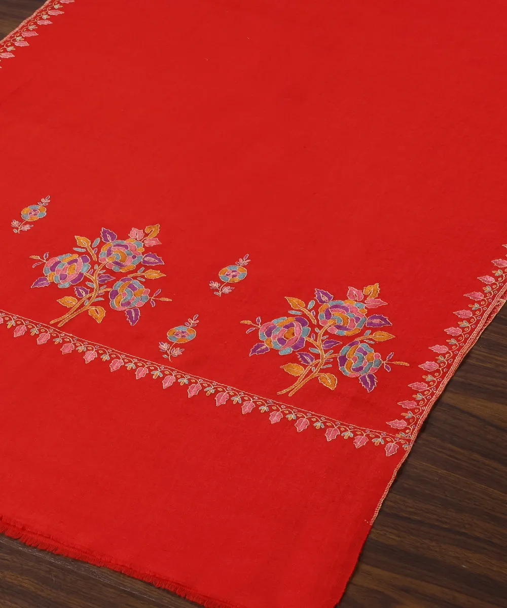 Handwoven Red Pure Pashmina Stole With Kalamkari And Soznikari