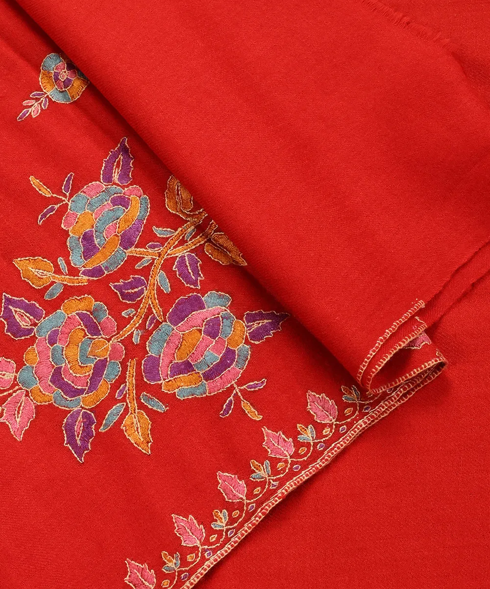 Handwoven Red Pure Pashmina Stole With Kalamkari And Soznikari