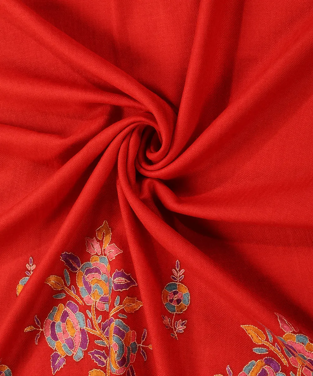 Handwoven Red Pure Pashmina Stole With Kalamkari And Soznikari